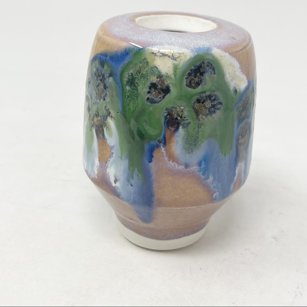 MAYHEW Glazed Pottery Vase Drip Design Mauve Blue Green 5” X 3”